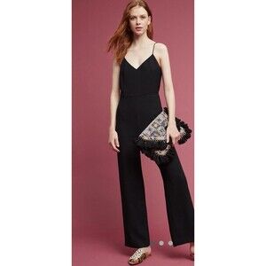 Anthropologie Essential Slim Black V-Neck Straight Leg Jumpsuit Sz14 Minimalist